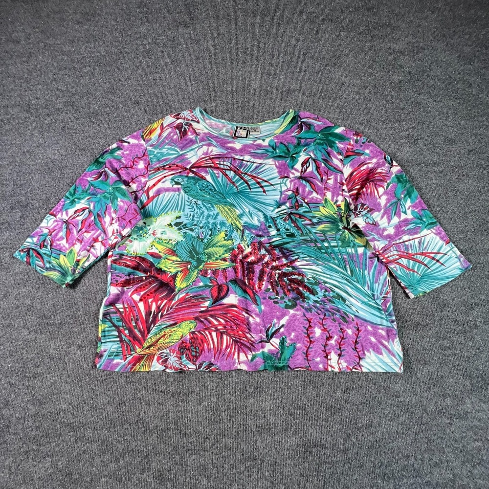 Take Two T-Shirt Womens 3X Blue Cotton Tropical Leaf Print Beaded Beach Skate